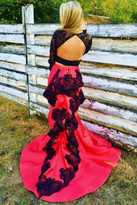 open back prom dress,two piece prom dresses,satin prom dress,2 piece prom dress,mermaid prom dress 2017,long sleeves evening gowns,elegant formal dress