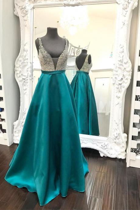 Beaded V Neck Long Satin Green Prom Dresses Ball Gowns 2017 Floor Length Evening Dress