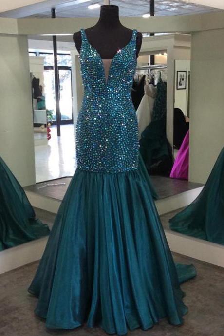 V Neck Crystal Beaded Mermaid Prom Dresses 2017 Sparkly Gowns