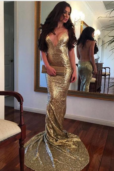 Gold Prom Dresses,sequin Evening Gowns,open Back Prom Dress,sparkly Evening Dress,mermaid Prom Dress 2017,glitter Prom Gowns