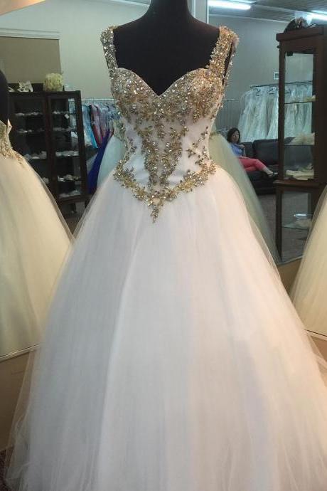 Gold Beading Sweetheart White Organza Ball Gowns Prom Dresses 2017 Quinceanera Gowns