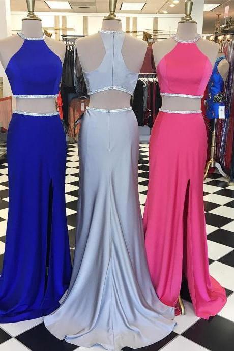 two piece prom dress,mermaid prom dress,prom dresses 2017 long,2 piece prom gowns,slit dress,sexy prom gowns