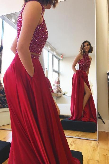 Halter Prom Gowns,crystal Beaded Prom Dress,satin Prom Dress,two Piece Prom Dress,2 Piece Prom Gowns,prom Dresses 2017 Long