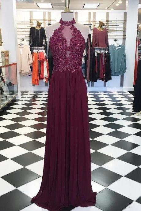 Elegant Lace Appliques Halter Chiffon Floor Length Prom Dresses 2017 Long Evening Gowns