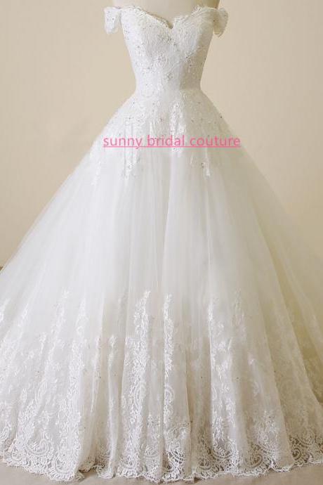 Off-The-Shoulder Lace Appliqués Ball Gown, Wedding Dress with Long Train