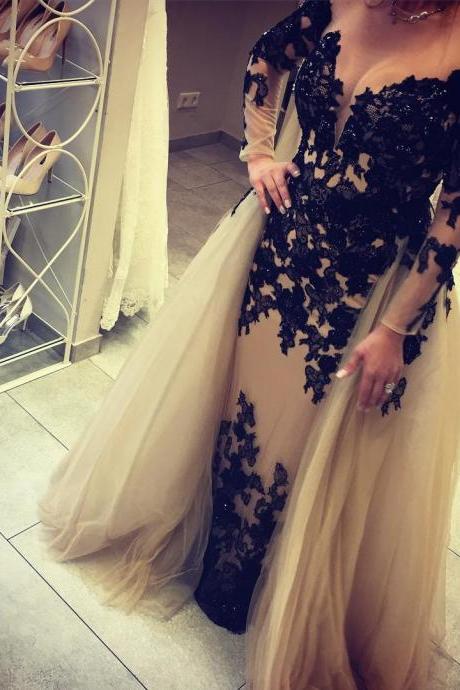 Black Lace Appliques Long Sleeves Mermaid Evening Dresses 2017 Elegant Prom Gowns