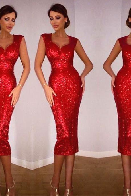 Custom Made Red Knee-Length Shimmery Sequin Pencil Dress, Formal Evening Dress, Formal Dress, Weddings, Homecoming Dress