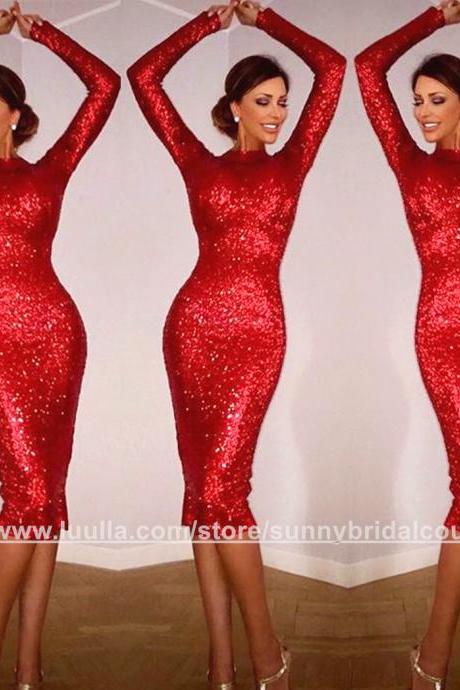 Long Sleeves Prom Dresses Short,red Homecoming Dress,knee Length Evening Gowns,short Evening Dress,women&amp;#039;s Party Gowns,red Cocktail