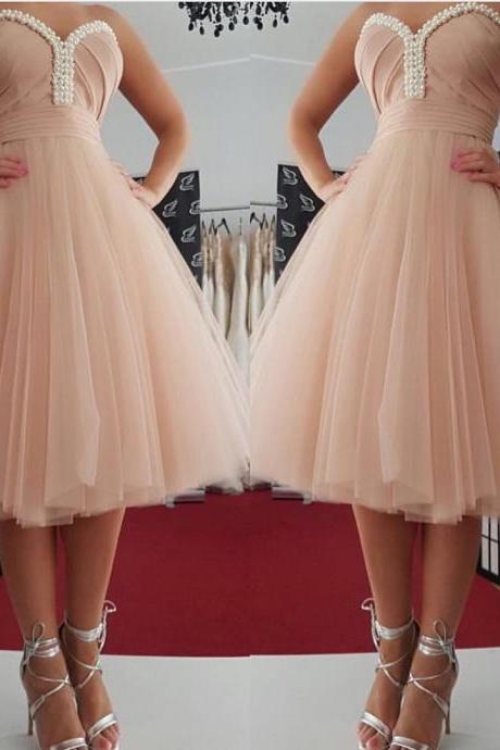 pink homecoming dress,short prom dresses 2017,knee length party dress,pearl beaded cocktail dress,sweetheart dress