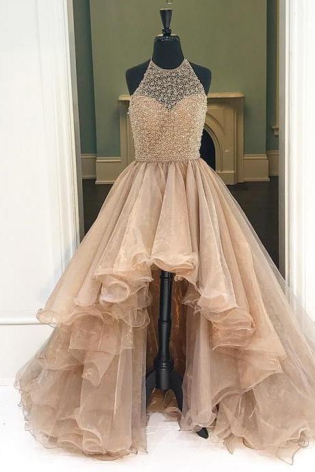Champagne High Low Tulle Prom Dress Featuring Halter Neck Bodice