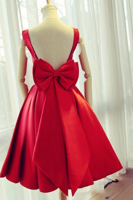 Red Satin Bow Back Party Dresses,Short Homecoming Dresses,Ball Gowns Prom Dress 2017