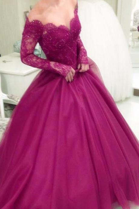 Sheer Long Sleeves Prom Dress,ball Gowns Prom Dress,elegant Evening Dress Lace Appliques,purple Prom Dresses