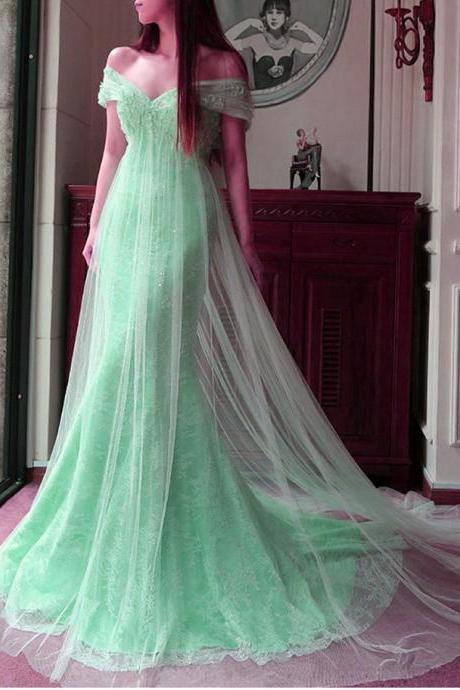 Mint Tulle Lace Off The Shoulder Mermaid Evening Dresses Elegant Prom Dress 2017 Long