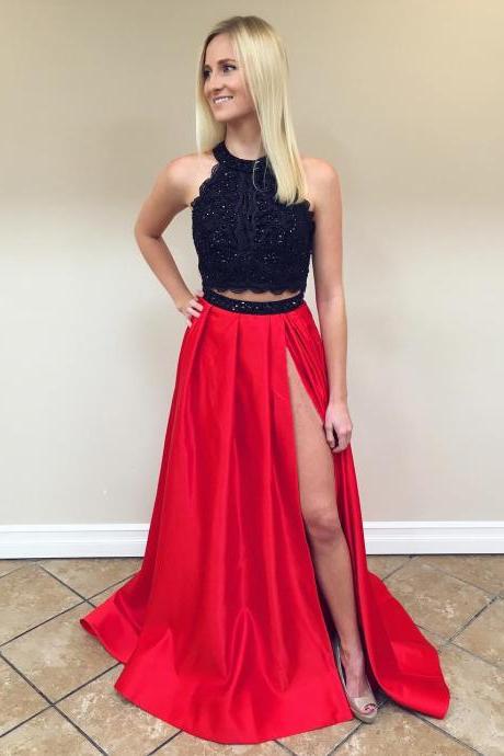 black lace crop to red satin two piece prom dresses 2017 sexy split party gowns