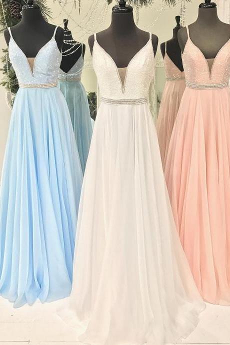 Red Pink Blue V Neck Long Chiffon Prom Dresses With Sequins 2017