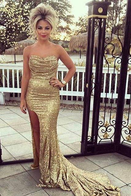 sexy ruched sweetheart long gold sequins prom dress with leg slit 