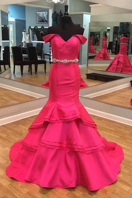 Pink Taffeta Mermaid Prom Dresses Off The Shoulder 2017