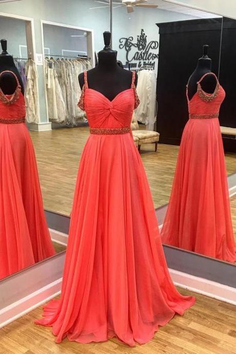 Beaded Straps Long Chiffon Coral Prom Dresses 2017 Floor Length