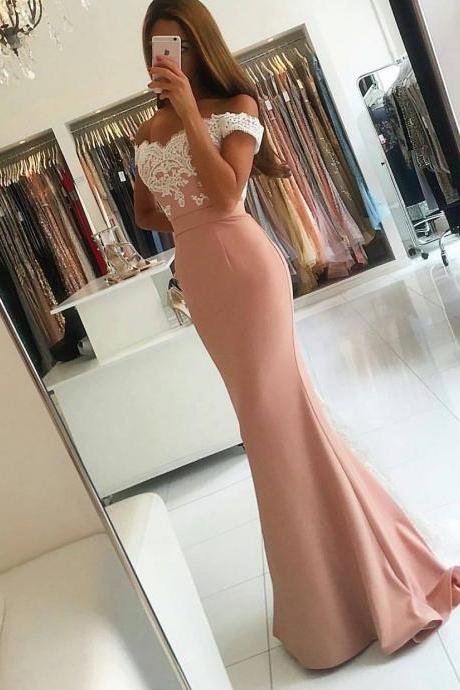 White Lace Appliques Long Pink Mermaid Prom Dresses 2017