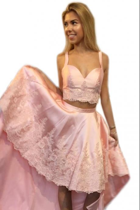 Pink Prom Dresses,two Piece Prom Dresses,2 Piece Prom Gowns,high Low Prom Dress 2017