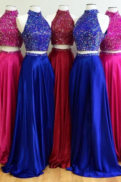 Halter Prom Dress,two Piece Prom Dress,women's Party Dress,crystal Beaded Dress,prom Gowns 2017