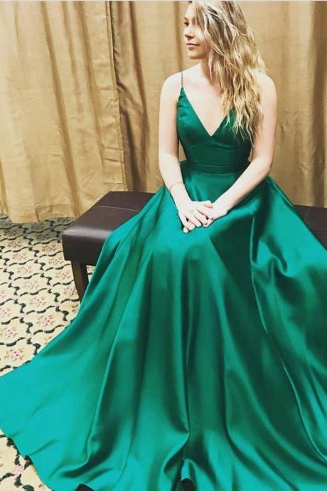 V Neck Long Green Satin Ball Gowns Prom Dresses 2017