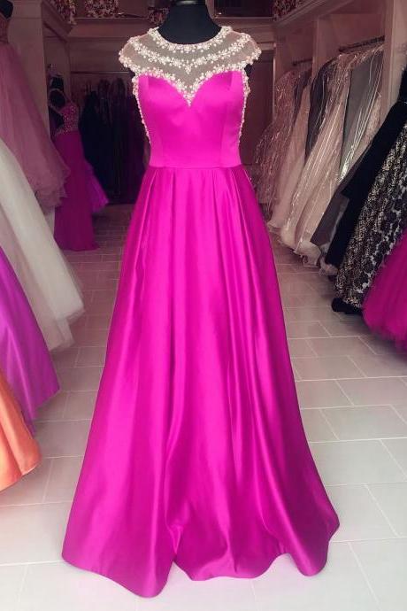 Pearl Beaded Cap Sleeves Long Satin Purple Prom Dresses 2017