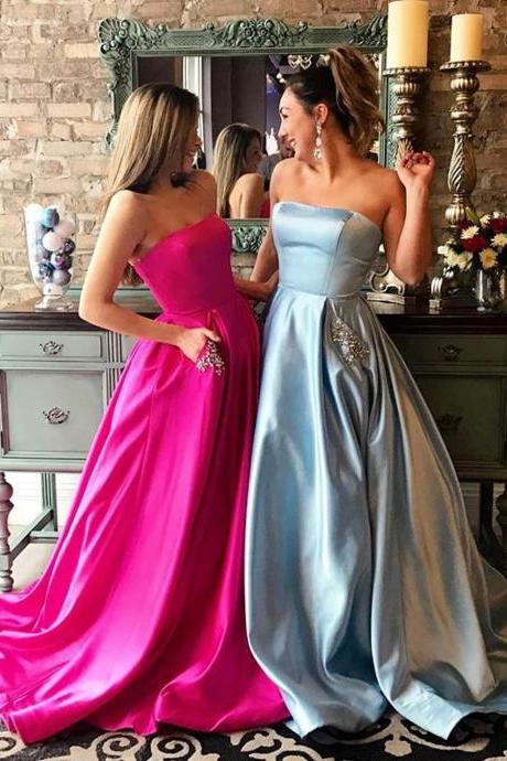 Strapless Satin Long Prom Dresses Ball Gowns 2017
