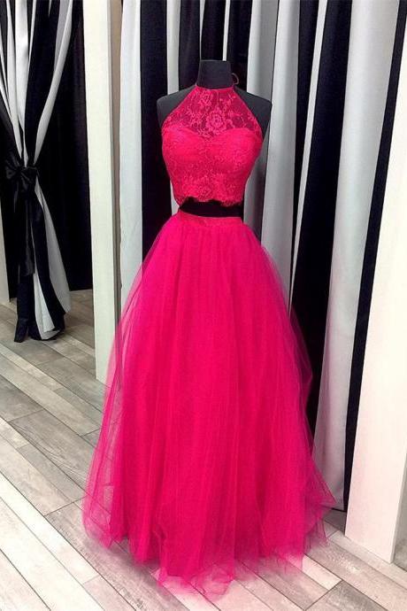 Pink Prom Dress,ball Gowns Prom Dresses,two Piece Prom Dress,lace Crop Top,elegant Party Dress