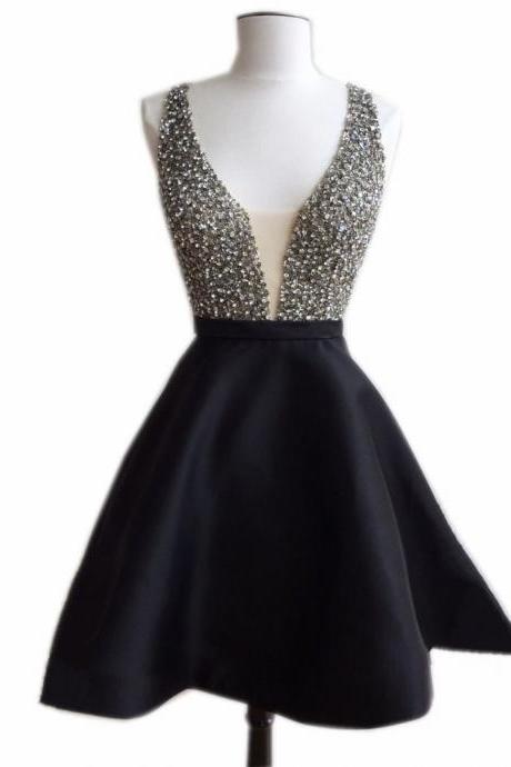Short prom dress,black homecoming dress, v neck dress,satin dress,women's party dress,beaded dress