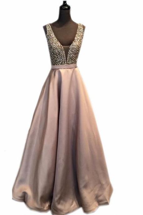 Pearl And Beaded V Neck Long Satin Prom Dresses 2017 Sexy Evening Gowns