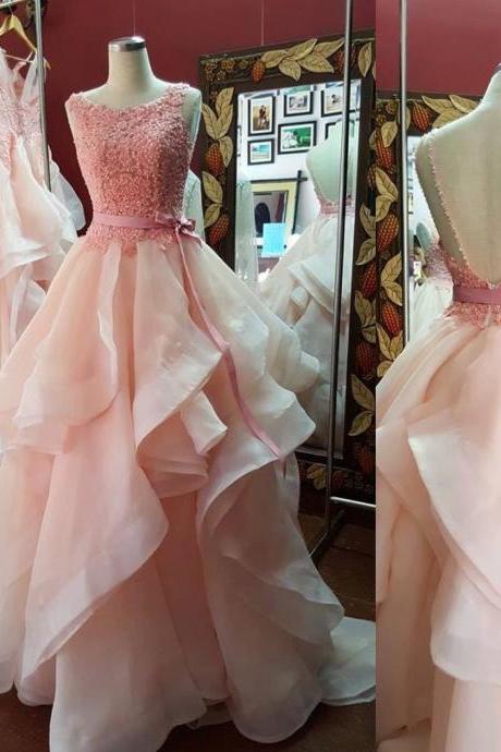 Rose Pink Lace Appliques Organza Ruffles Ball Gowns Prom Dresses 2017