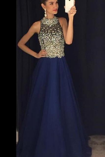 Sparkly Prom Dresses,navy Blue Prom Dress,halter Evening Gowns.chiffon Prom Dresses,prom Dresses 2017