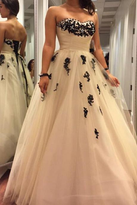 Black Lace Appliques Tulle A Line Prom Dresses Evening Gowns 2017 Elegant