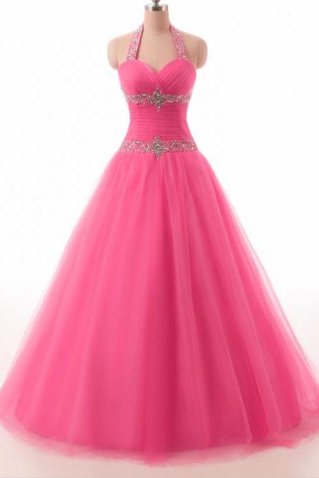 Halter Neck Surplice Pleated Bodice Lace Up Back Beaded Pink Tulle Prom Dresses Ball Gowns 2017 Quinceanera Dresses