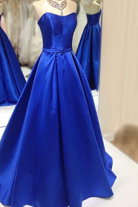 Royal Blue Satin Ball Gowns Prom Dresses Long Strapless Evening Gowns