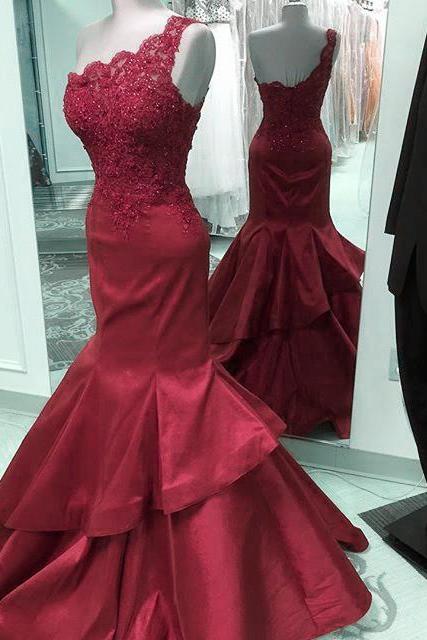 Chic Lace Appliques Long Taffeta Mermaid Evening Dresses 2017 One Shoulder Ruffles Prom Dresses