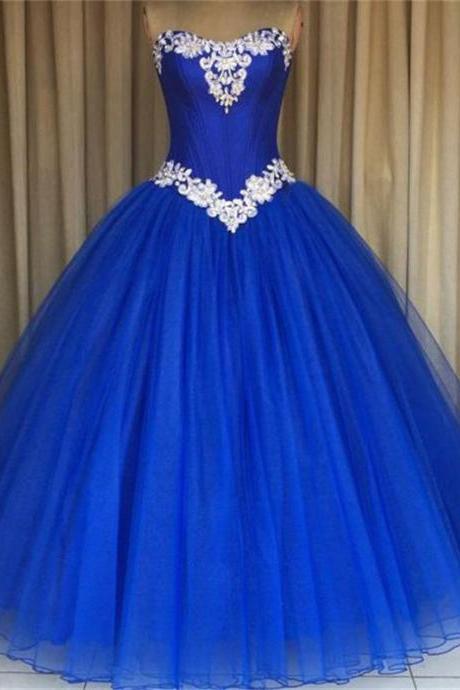Royal Blue Prom Formal Gowns Strapless Applique Tulle Ball Gown Quinceanera Dresses For Sweet Prom Party Dress