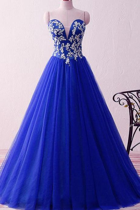 Royal Blue Sweetheart Appliques Beaded Evening Dresses Ball Gowns Floor Length 2017 Vintage