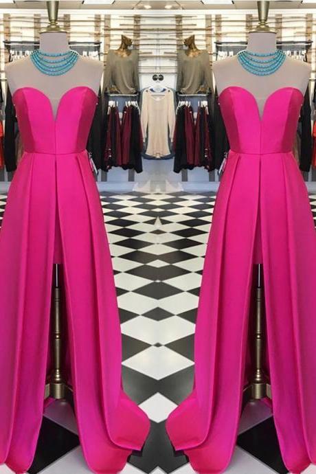 Pink Satin Split Prom Dresses 2017 High Low Prom Gowns
