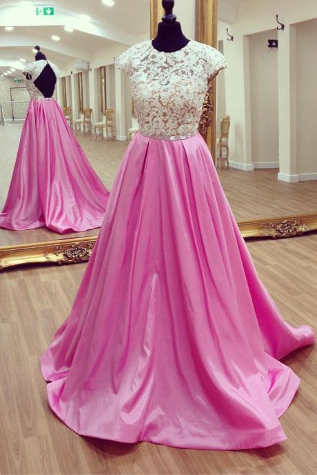 Pink Satin Long Ball Gowns Prom Dresses Lace Appliques 2017 Backless Evening Gowns