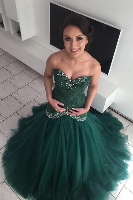 Dark Green Lace Evening Gowns,mermaid Prom Dresses,elegant Evening Gowns,sweetheart Prom Dresses,prom Dresses 2017
