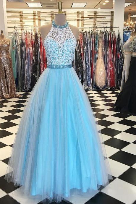 Blue High Neck Tulle A Line Prom Dresses Lace Appliques 2017 Elegant Evening Gowns