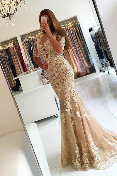 Lace Evening Dresses,Elegant Prom Dresses,Mermaid Prom Gowns,Champagne Prom Dress,Modest Prom Dresses