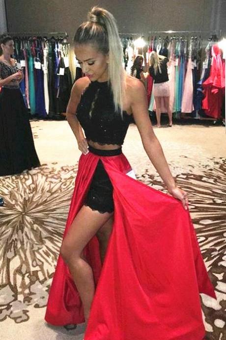 Black Lace Crop Top Red Satin Prom Dresses Two Piece 2017 Women&amp;#039;s Party Gowns