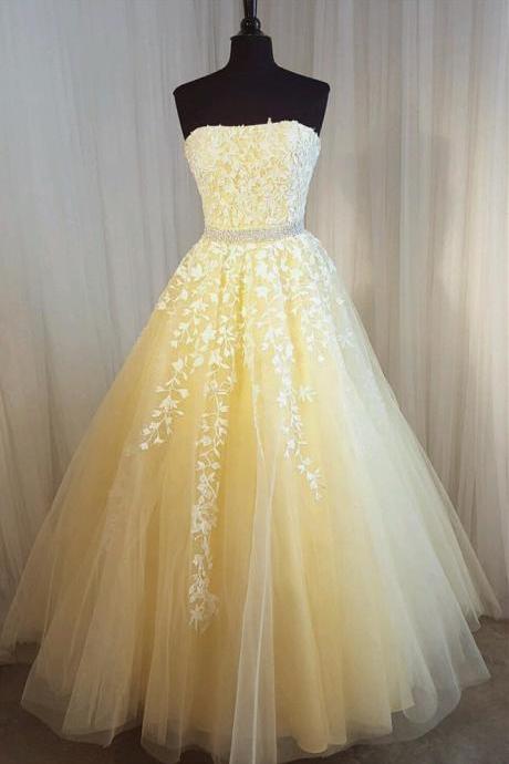 Yellow Prom Dress,Ball Gowns Prom Dress,Lace Dress,Prom Gowns 2017,Strapless Prom Dress,Formal Evening Dress