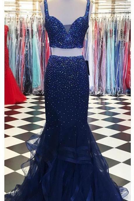 Navy Prom Dress,crystal Prom Dress,two Piece Prom Dresses,mermaid Evening Dresses,sexy Prom Gowns