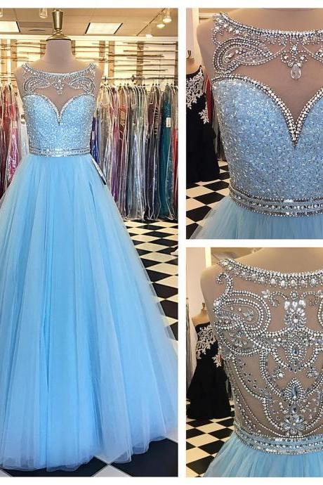 Light Blue Prom Dress,Ball Gowns Prom Dress,Crystal Beaded Evening Gowns,Long Formal Dresses