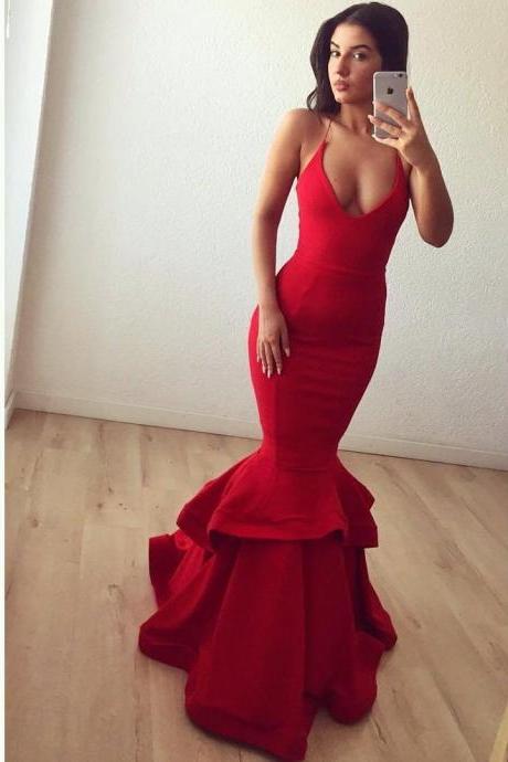 red mermaid prom dress,satin prom gowns,red evening dress,prom dresses 2017,formal evening gowns