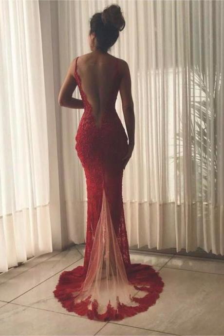 Sexy Backless Prom Evening Dresses Mermaid Red Lace Appliques With Skin Color Tulle Neckline 2017